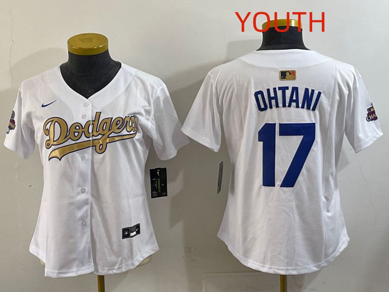 Youth Los Angeles Dodgers #17 Ohtani White Champion edition Nike MLB Jersey style 007